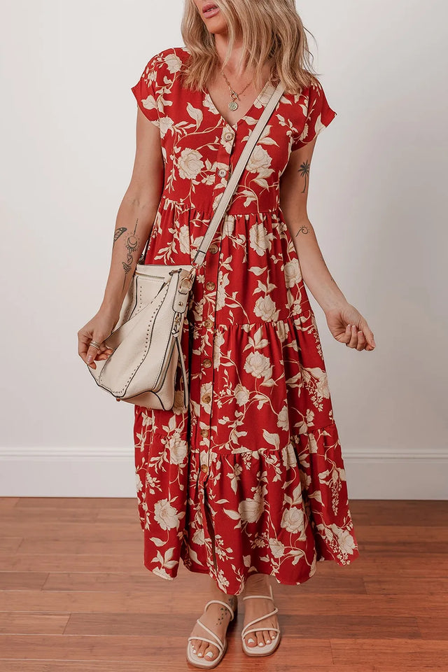 Floral Print Buttoned Front V Neck Tiered Short Sleeve Midi Dress.