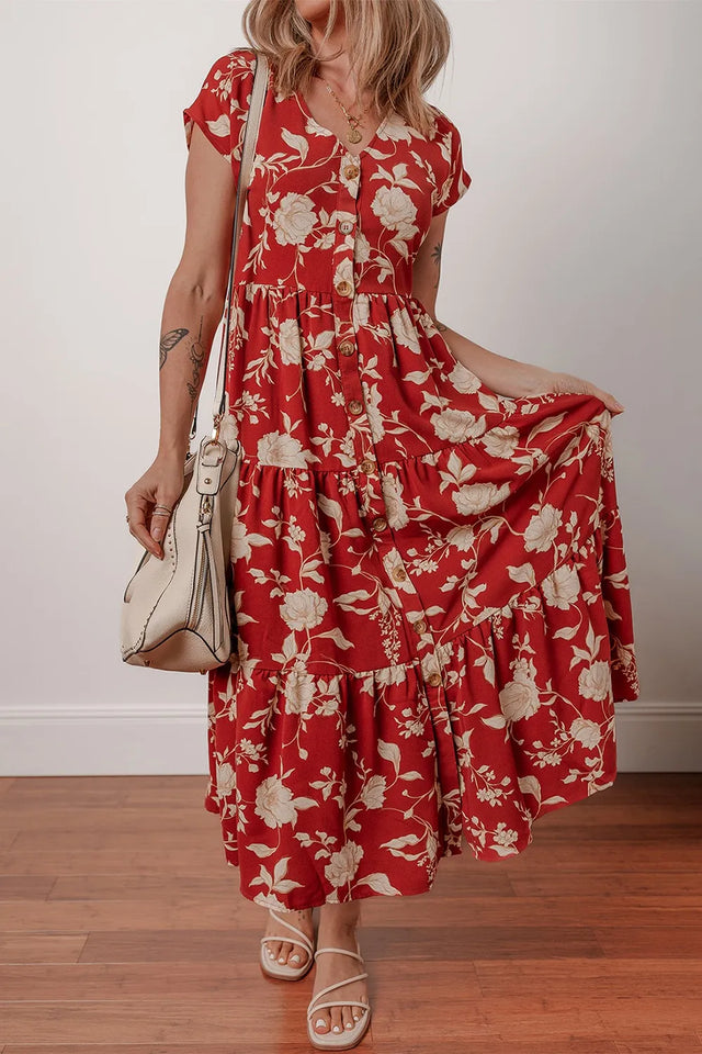 Floral Print Buttoned Front V Neck Tiered Short Sleeve Midi Dress.