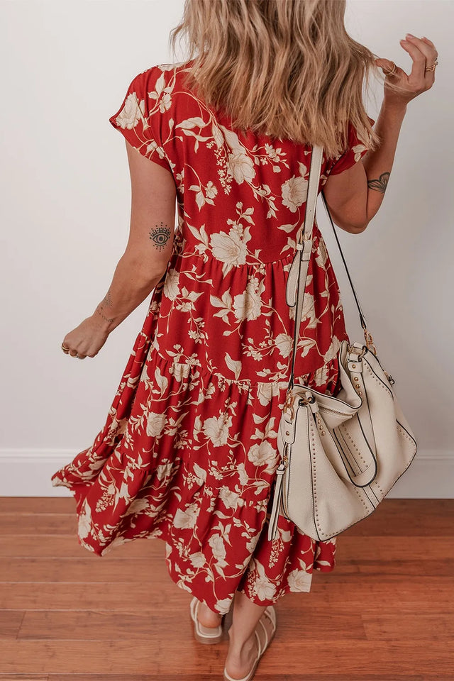 Floral Print Buttoned Front V Neck Tiered Short Sleeve Midi Dress.