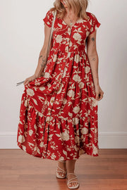 Floral Print Buttoned Front V Neck Tiered Short Sleeve Midi Dress.