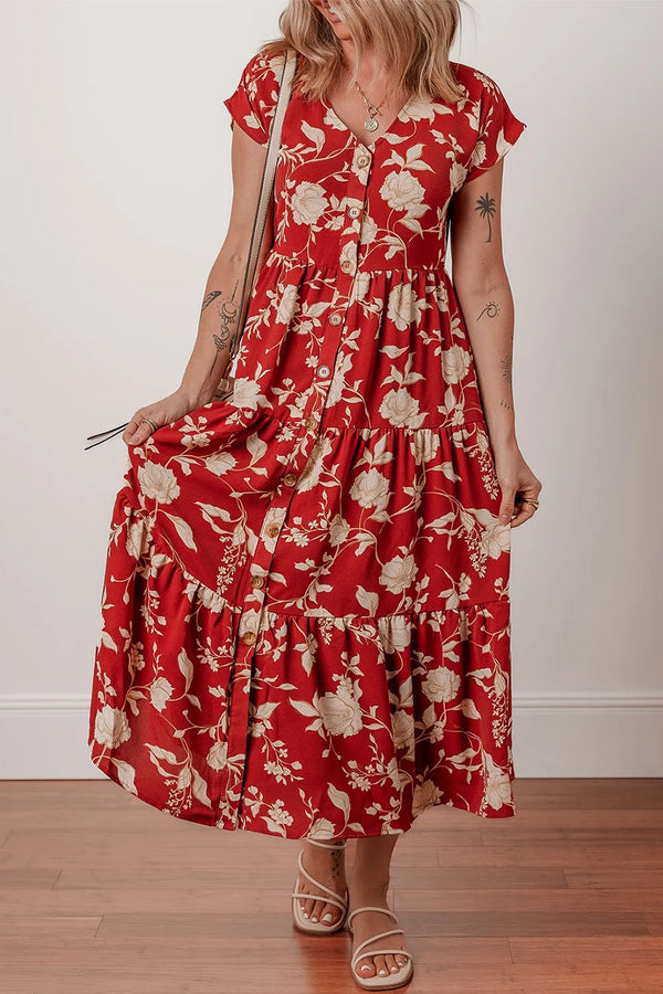 Floral Print Buttoned Front V Neck Tiered Short Sleeve Midi Dress.
