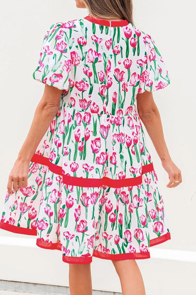 Floral Print Contrast Trim V Neck Bubble Short Sleeve Babydoll Dress.