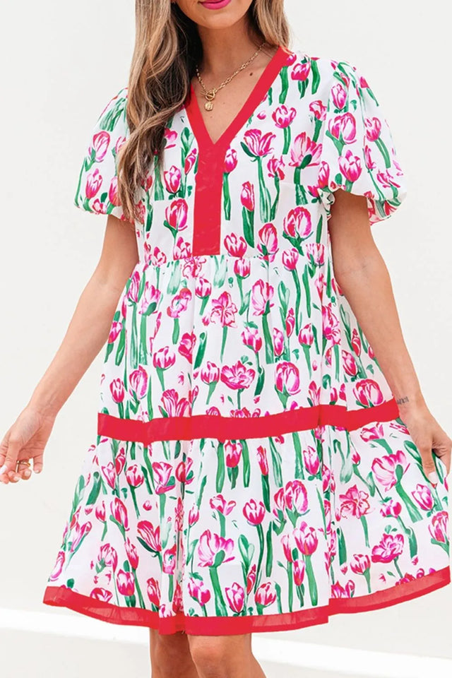 Floral Print Contrast Trim V Neck Bubble Short Sleeve Babydoll Dress.