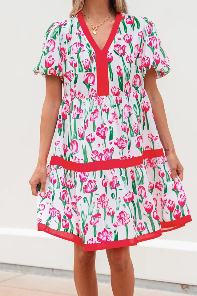 Floral Print Contrast Trim V Neck Bubble Short Sleeve Babydoll Dress.