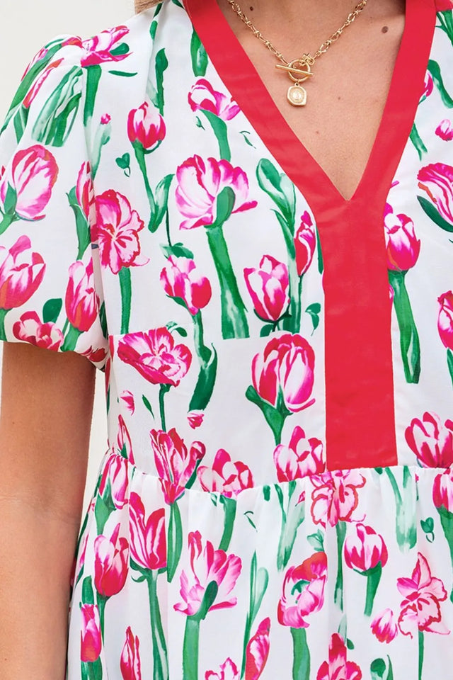 Floral Print Contrast Trim V Neck Bubble Short Sleeve Babydoll Dress.