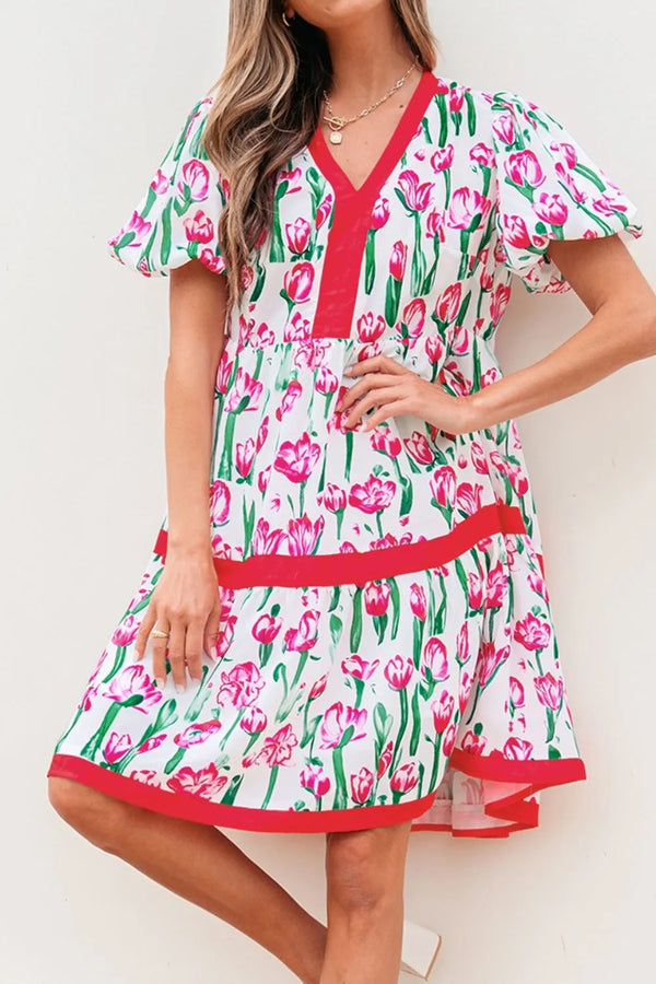 Floral Print Contrast Trim V Neck Bubble Short Sleeve Babydoll Dress.