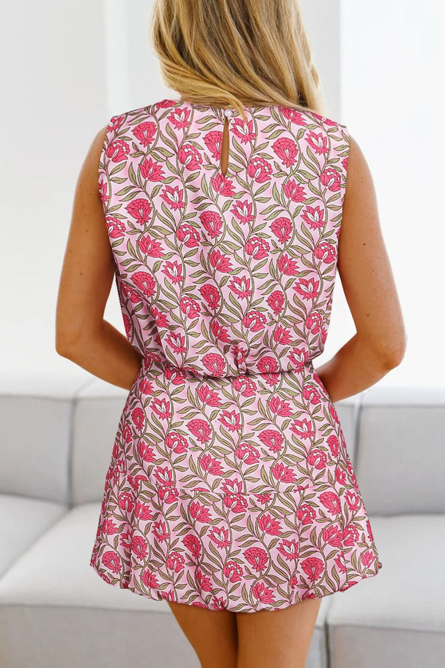 Floral Print Cropped Tank and Mini Skirt Set.