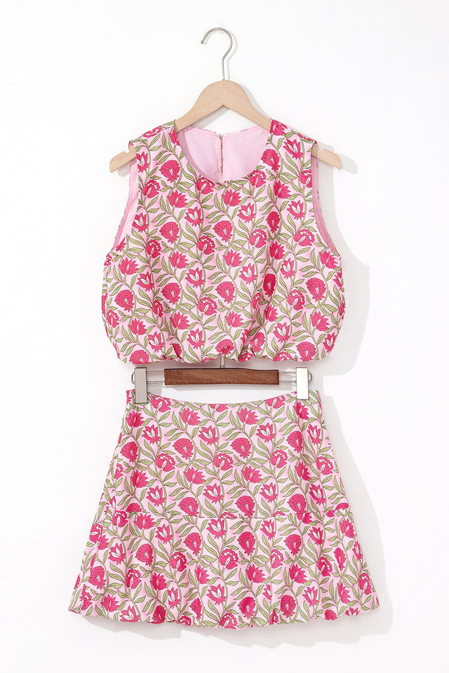 Floral Print Cropped Tank and Mini Skirt Set.
