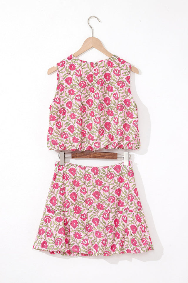 Floral Print Cropped Tank and Mini Skirt Set.