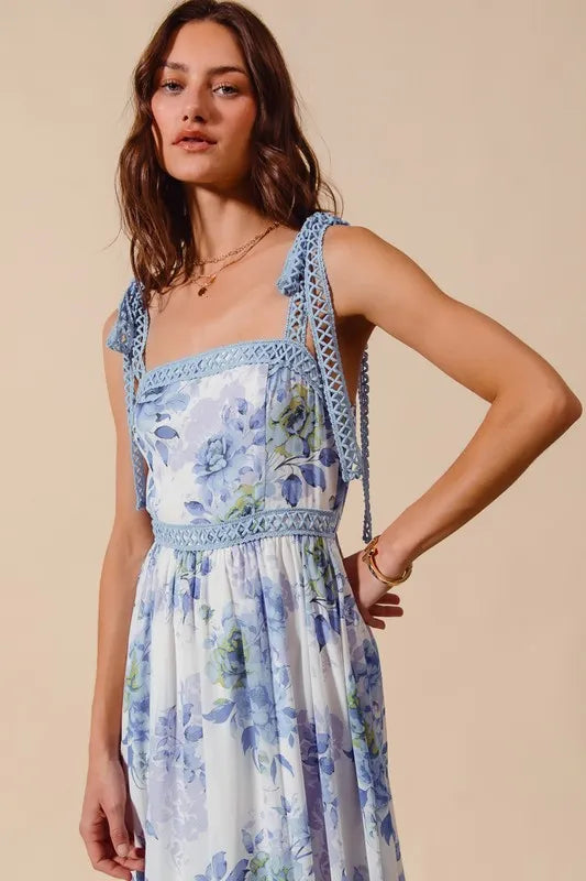 So Me Floral Print Flowy Maxi Dress with Lace Ribbon Tie.