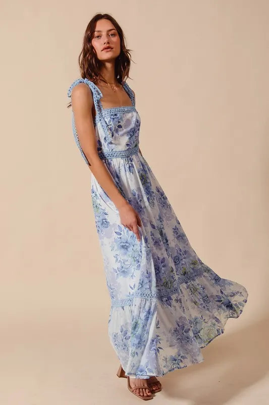 So Me Floral Print Flowy Maxi Dress with Lace Ribbon Tie.