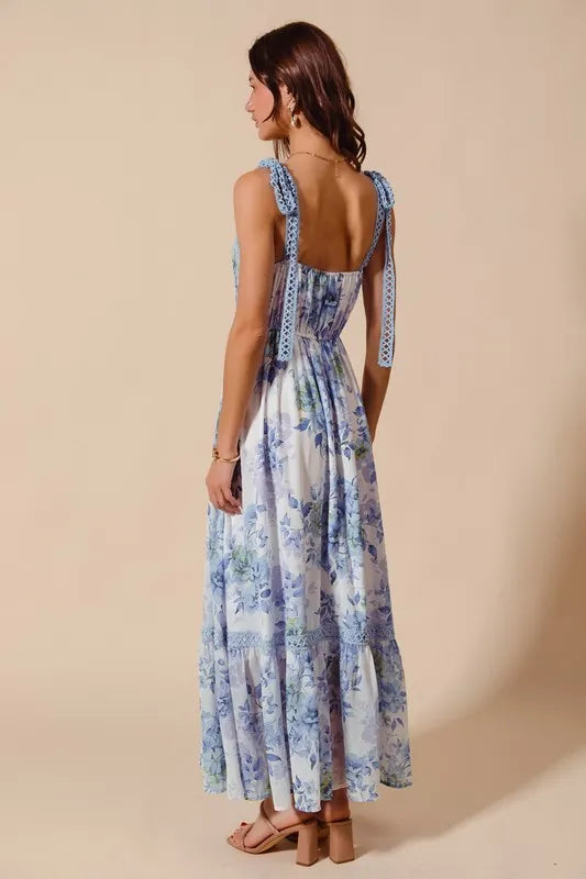 So Me Floral Print Flowy Maxi Dress with Lace Ribbon Tie.