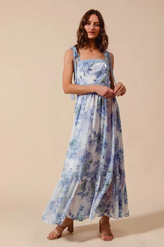 So Me Floral Print Flowy Maxi Dress with Lace Ribbon Tie.