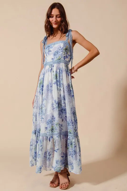 So Me Floral Print Flowy Maxi Dress with Lace Ribbon Tie.