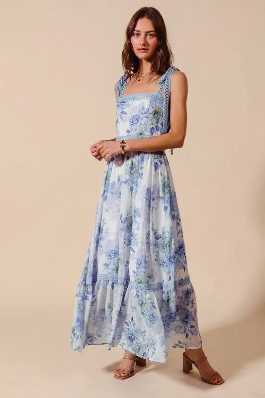 So Me Floral Print Flowy Maxi Dress with Lace Ribbon Tie.