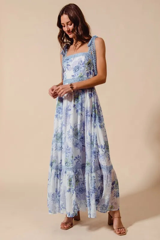 So Me Floral Print Flowy Maxi Dress with Lace Ribbon Tie.