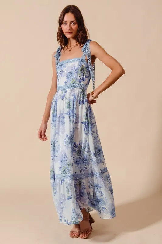 So Me Floral Print Flowy Maxi Dress with Lace Ribbon Tie.
