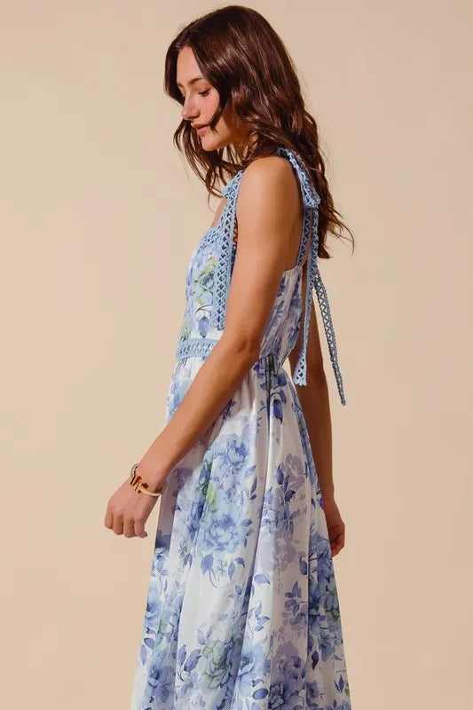 So Me Floral Print Flowy Maxi Dress with Lace Ribbon Tie.