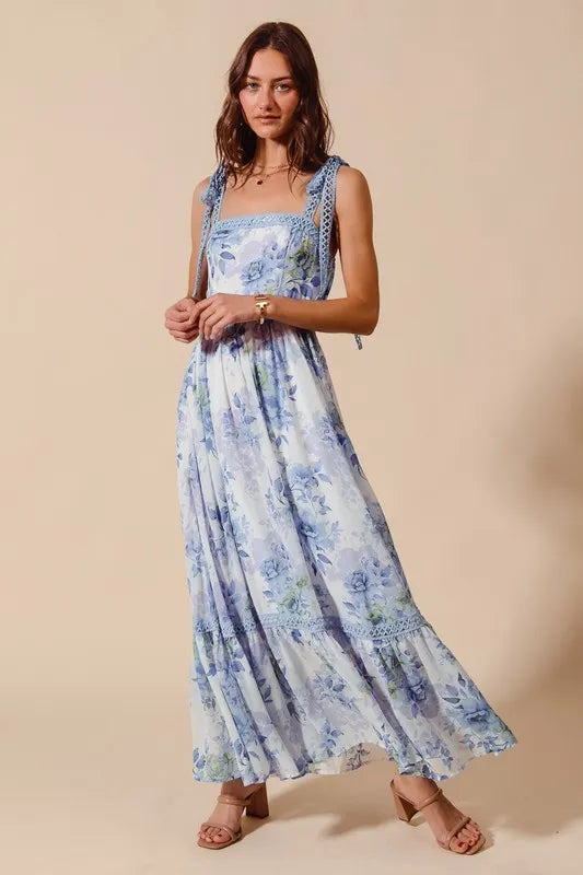 So Me Floral Print Flowy Maxi Dress with Lace Ribbon Tie.