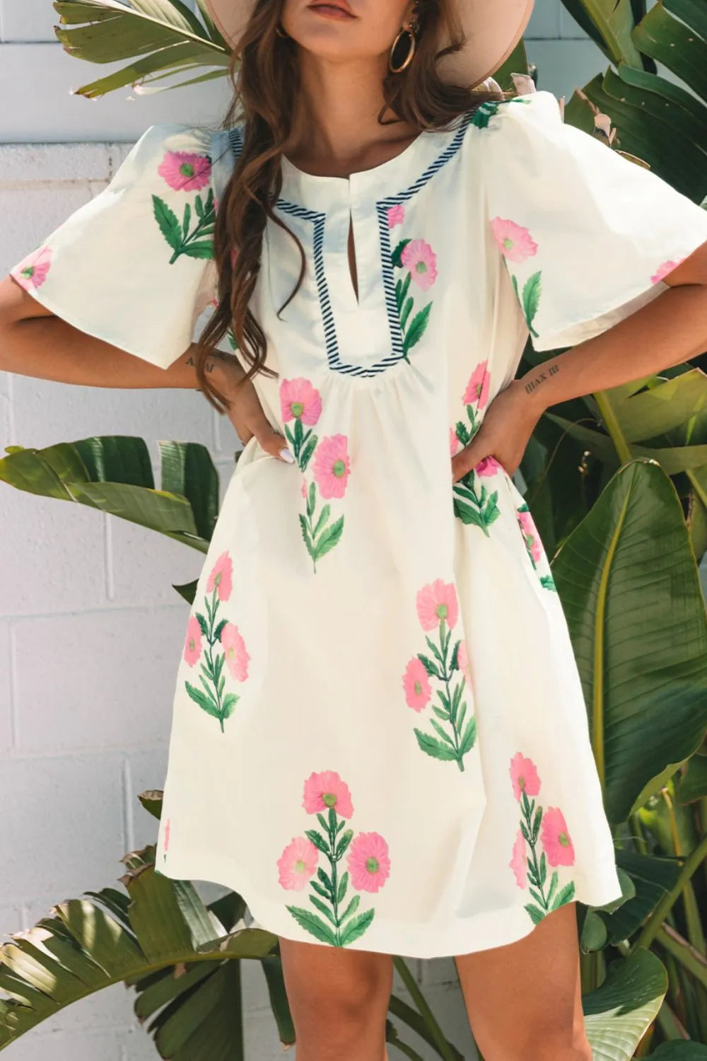 Floral Print Flutter Sleeve Summer Mini Dress.