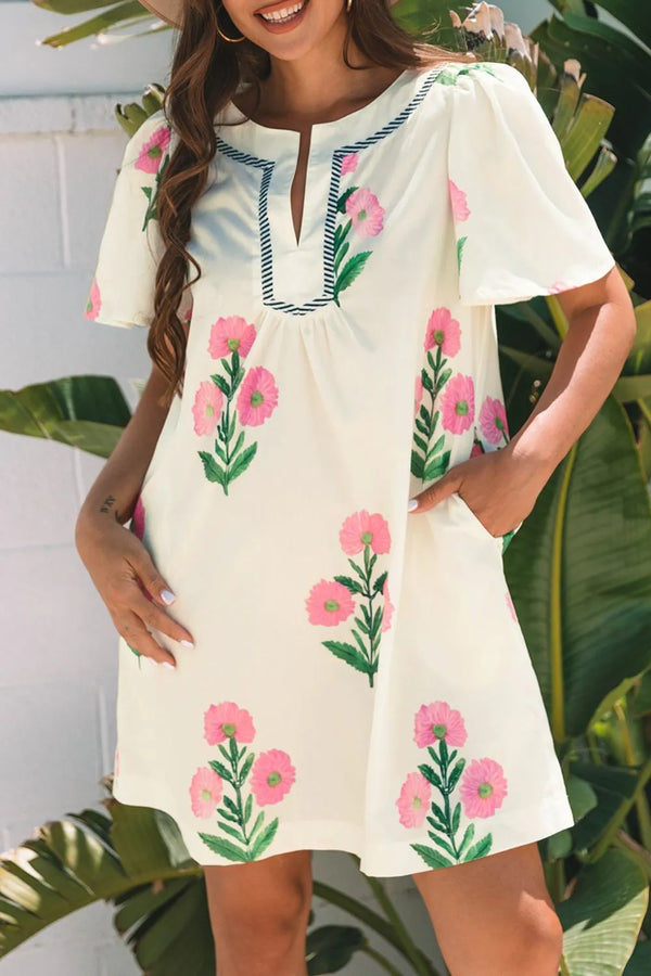 Floral Print Flutter Sleeve Summer Mini Dress.