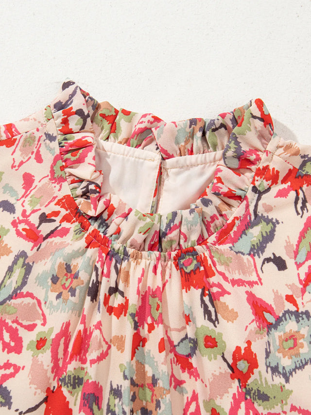 Floral Print Frilled Neck Puff Sleeve High Waist Dress.