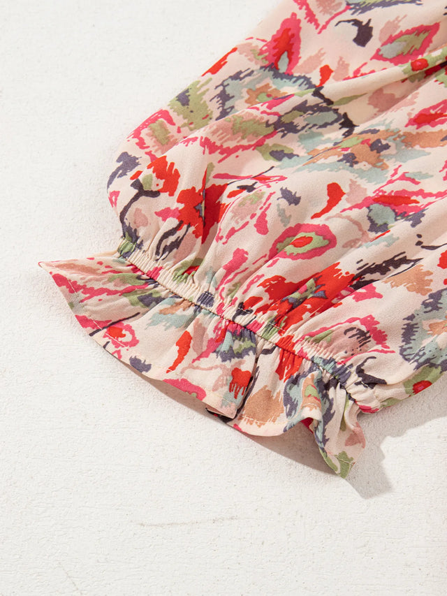 Floral Print Frilled Neck Puff Sleeve High Waist Dress.