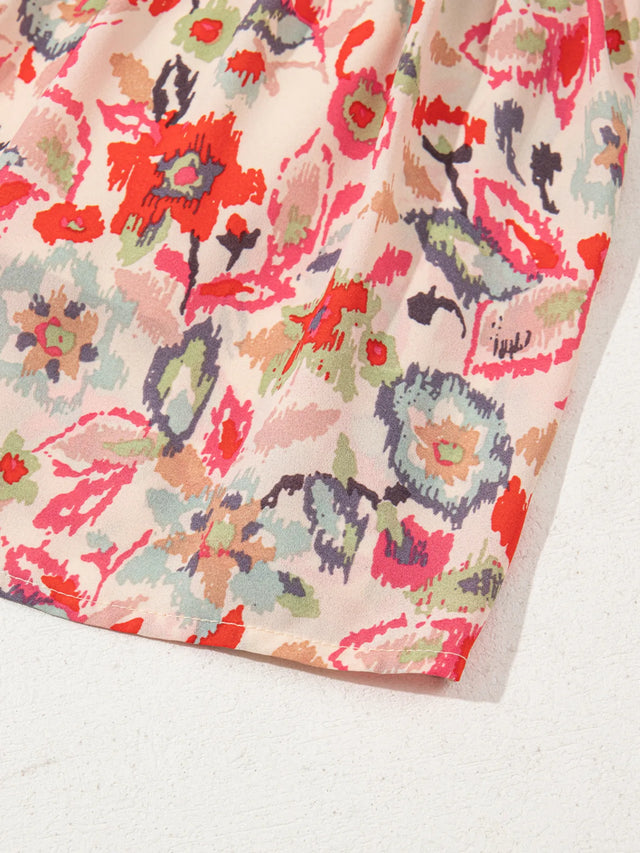 Floral Print Frilled Neck Puff Sleeve High Waist Dress.