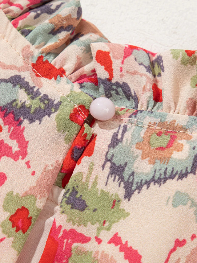 Floral Print Frilled Neck Puff Sleeve High Waist Dress.