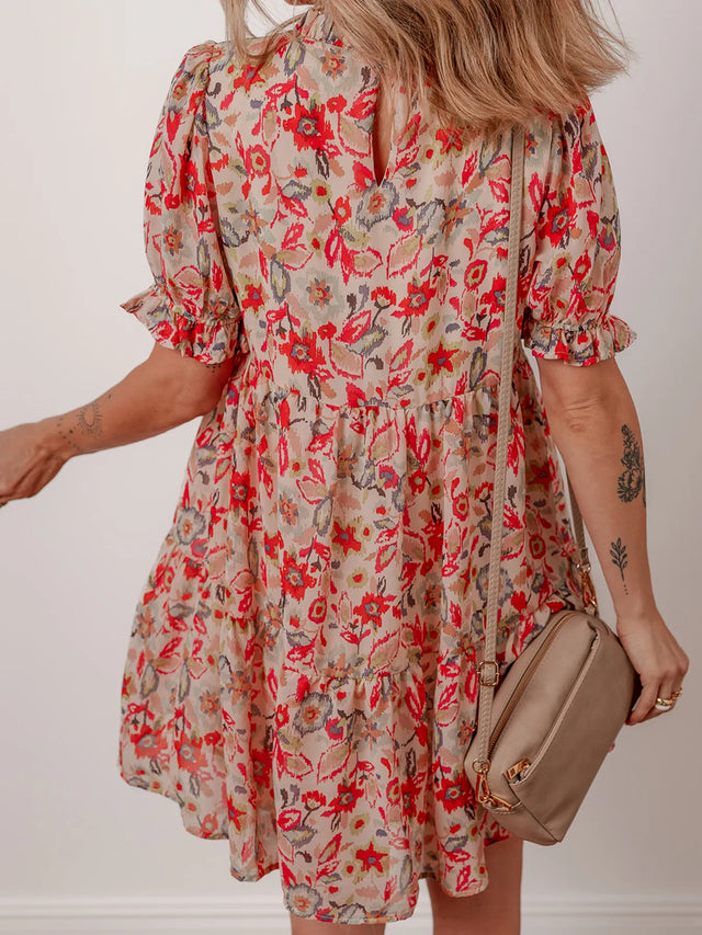 Floral Print Frilled Neck Puff Sleeve High Waist Dress.