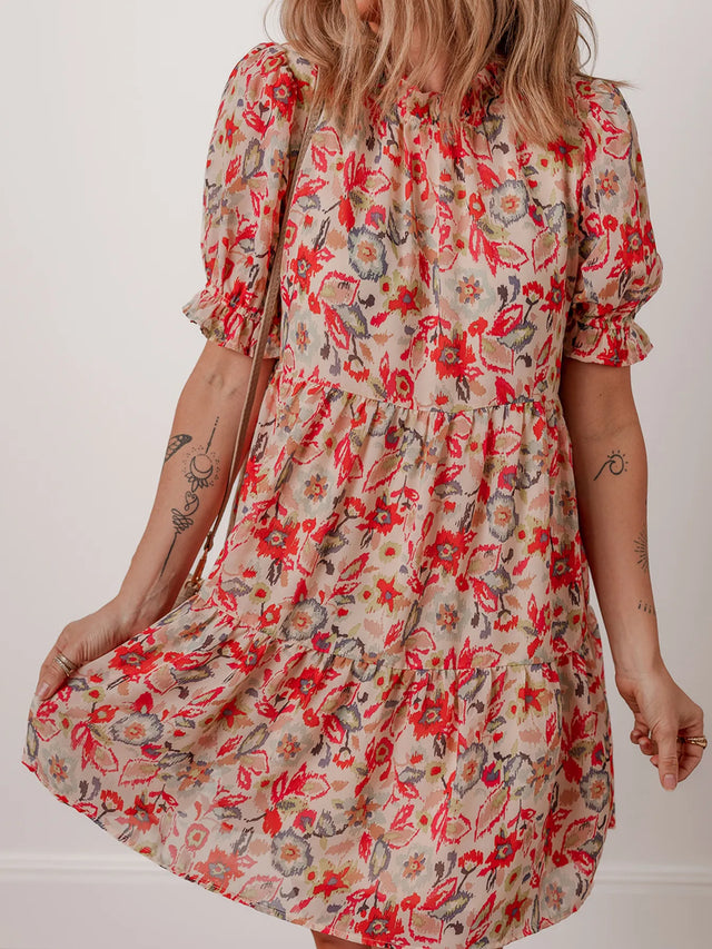Floral Print Frilled Neck Puff Sleeve High Waist Dress.