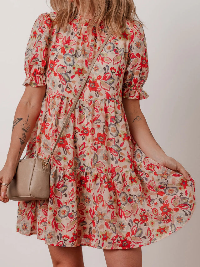 Floral Print Frilled Neck Puff Sleeve High Waist Dress.