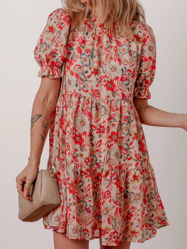 Floral Print Frilled Neck Puff Sleeve High Waist Dress.