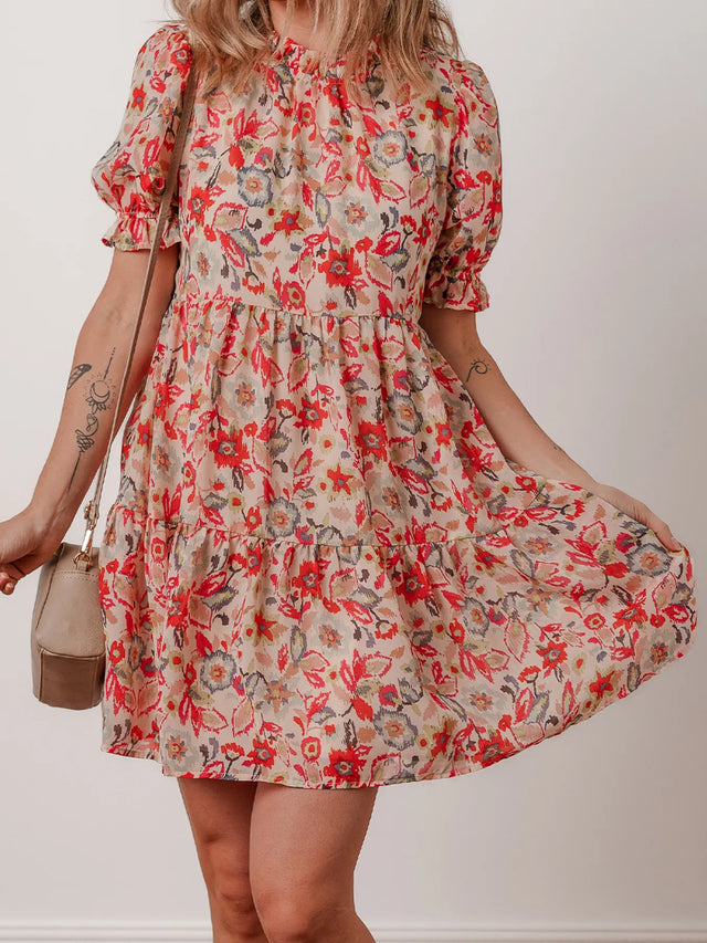 Floral Print Frilled Neck Puff Sleeve High Waist Dress.