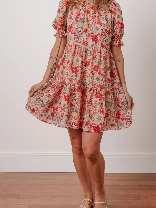 Floral Print Frilled Neck Puff Sleeve High Waist Dress.