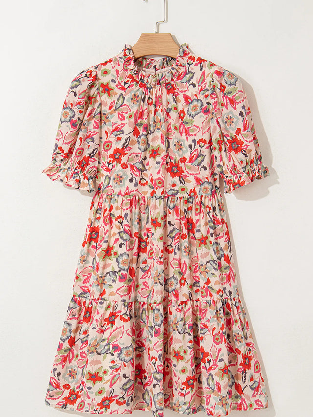 Floral Print Frilled Neck Puff Sleeve High Waist Dress.