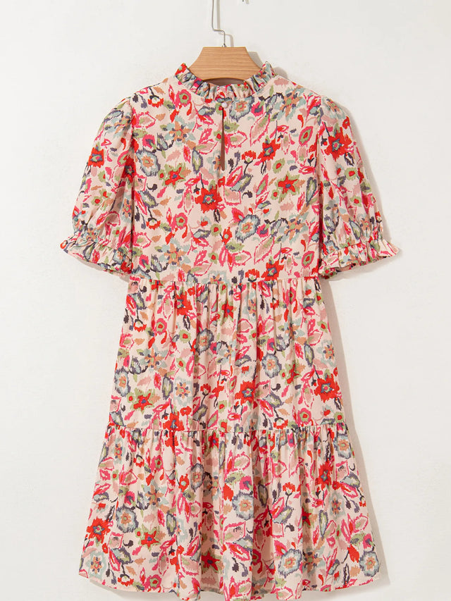 Floral Print Frilled Neck Puff Sleeve High Waist Dress.
