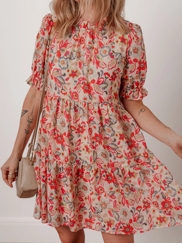 Floral Print Frilled Neck Puff Sleeve High Waist Dress.