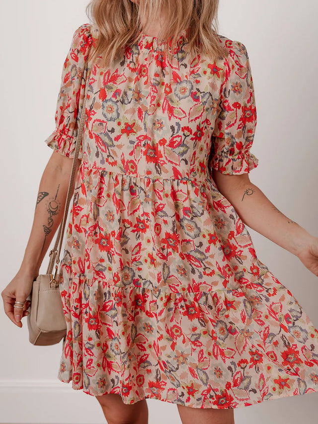 Floral Print Frilled Neck Puff Sleeve High Waist Dress.
