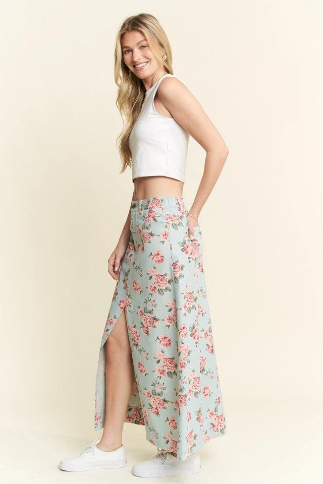 Jade By Jane Floral Print Front Slit Denim Maxi Skirt Plus Size.