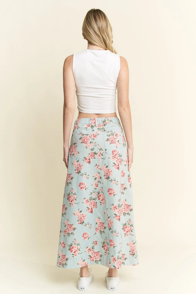 Jade By Jane Floral Print Front Slit Denim Maxi Skirt Plus Size.