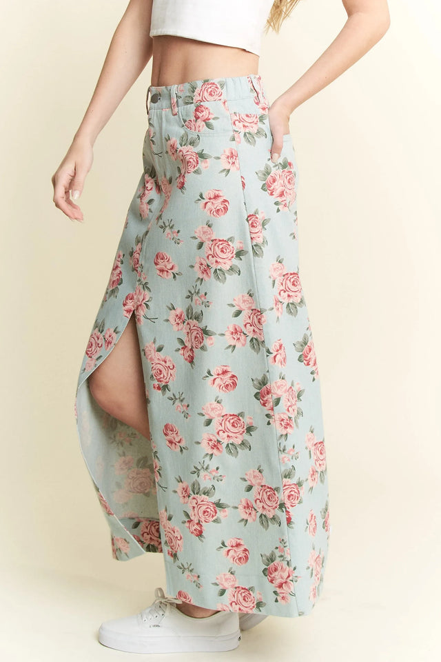 Jade By Jane Floral Print Front Slit Denim Maxi Skirt Plus Size.