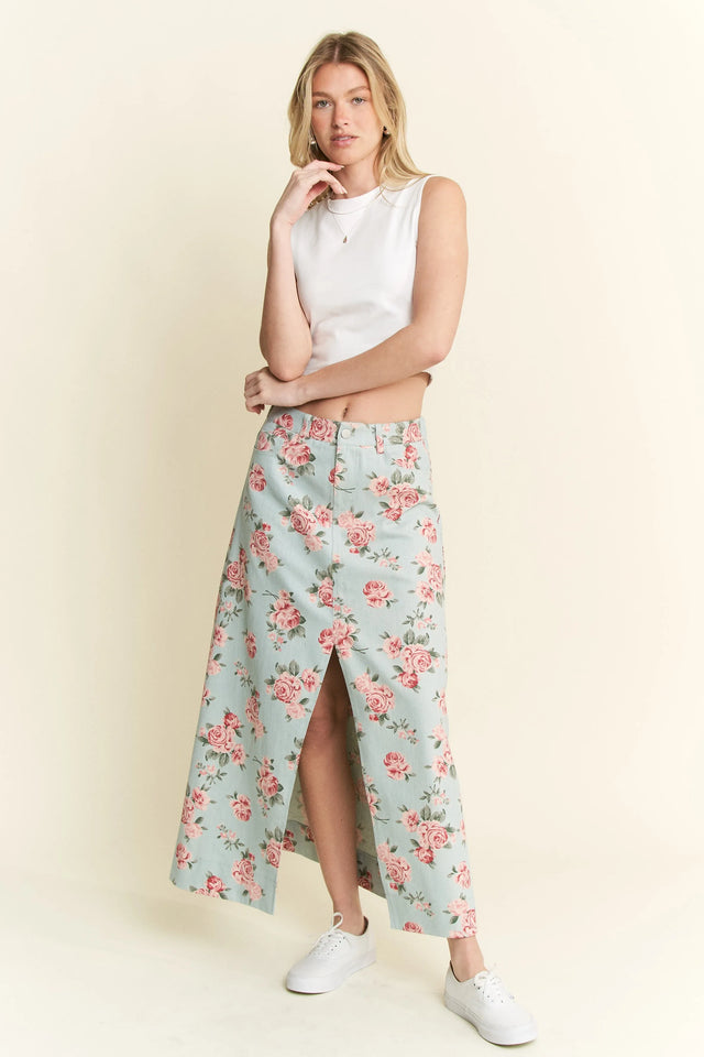 Jade By Jane Floral Print Front Slit Denim Maxi Skirt Plus Size.