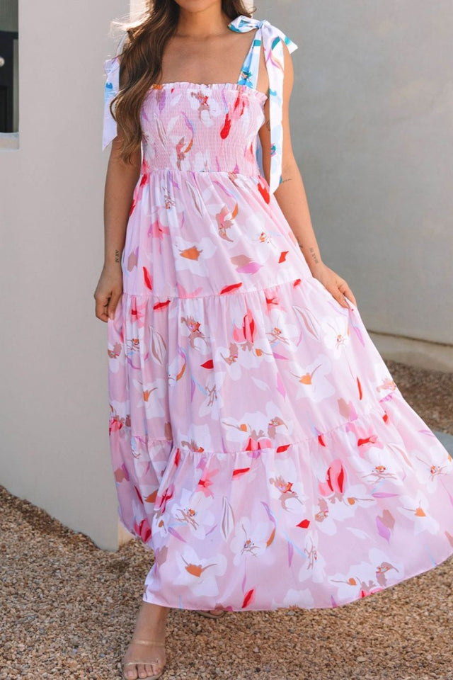 Floral Print Knotted Shoulder Smocked Maxi Dress.