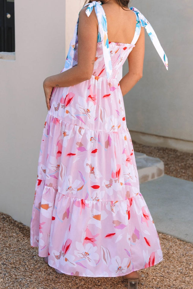 Floral Print Knotted Shoulder Smocked Maxi Dress.