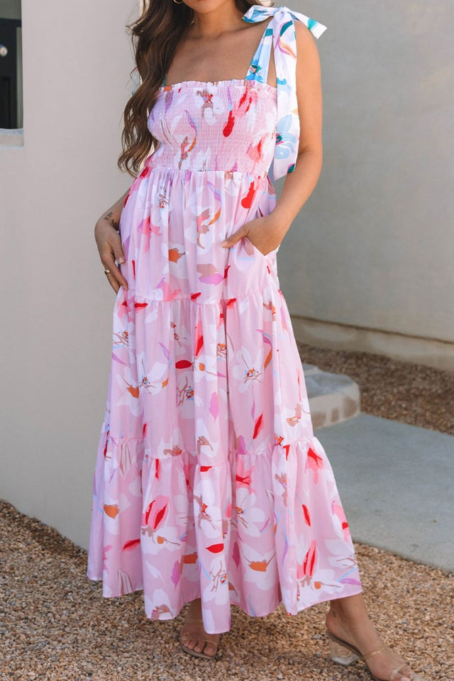 Floral Print Knotted Shoulder Smocked Maxi Dress.