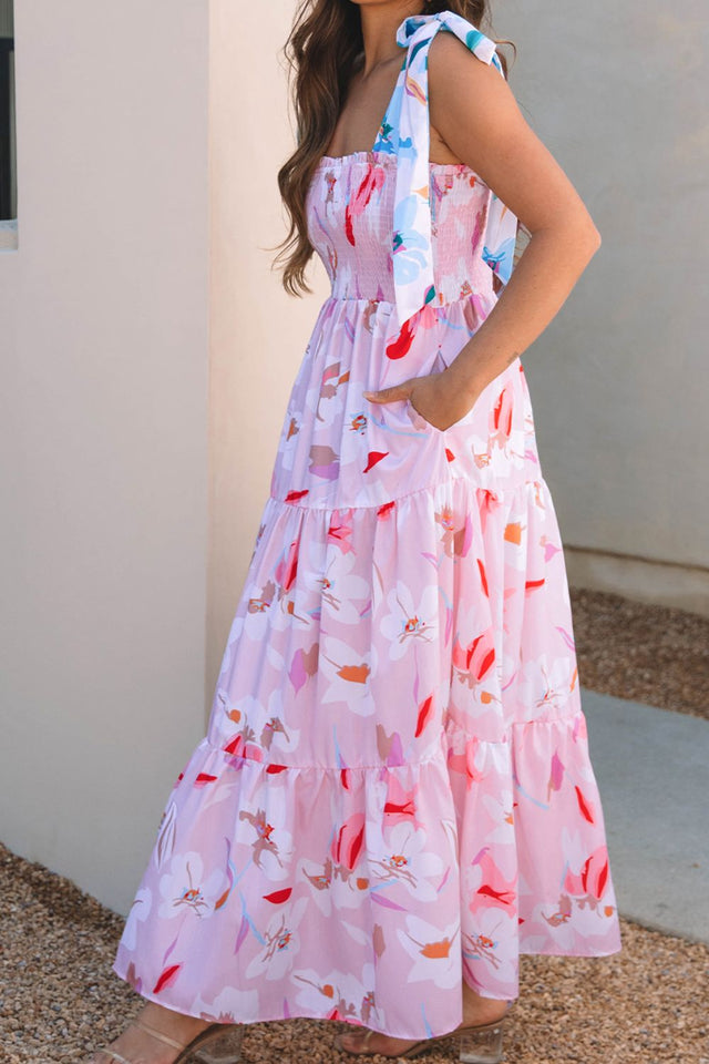 Floral Print Knotted Shoulder Smocked Maxi Dress.