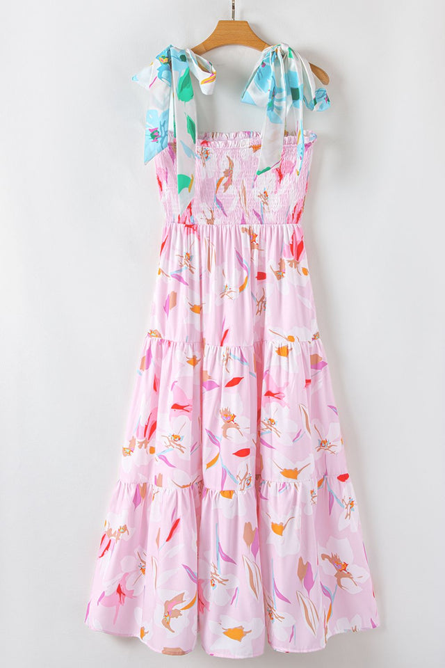 Floral Print Knotted Shoulder Smocked Maxi Dress.