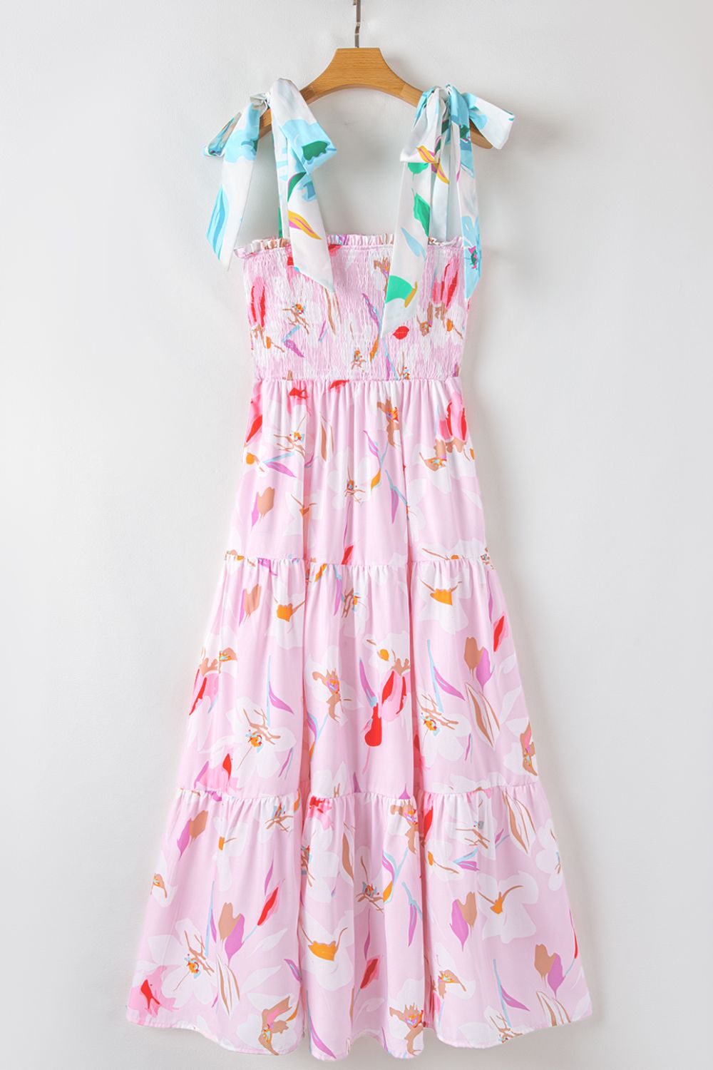 Floral Print Knotted Shoulder Smocked Maxi Dress.