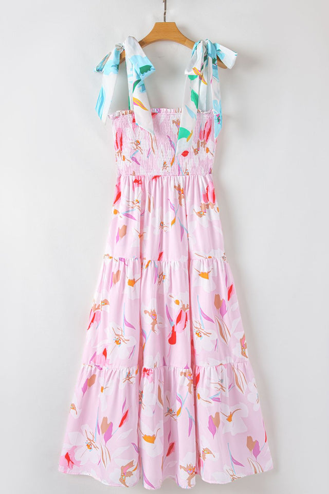 Floral Print Knotted Shoulder Smocked Maxi Dress.